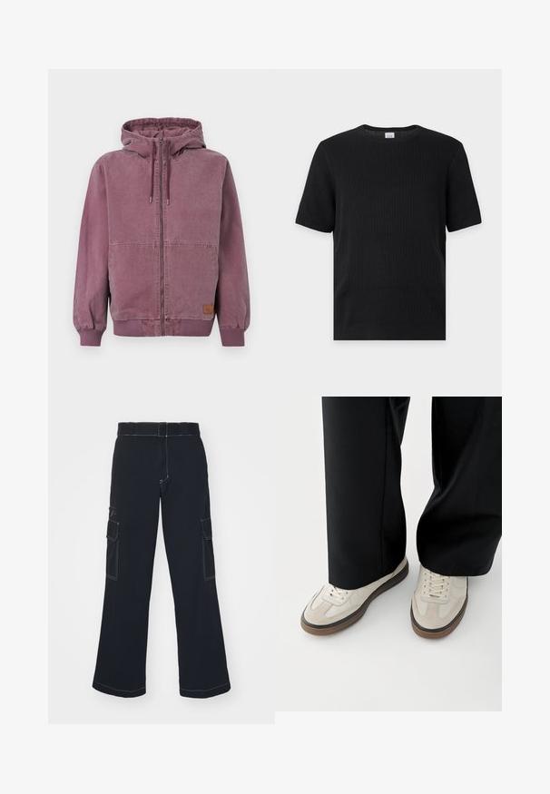 Sudadera unisex color violeta polvo con cremallera, capucha con cordón, bolsillos frontales, puños y cintura acanalados, mostrada sobre un fondo liso.; Camiseta negra de punto acanalado de manga corta con cuello redondo, mostrada plana sobre un fondo blanco.; Pantalones cargo negros de pierna ancha, con dos bolsillos laterales, costuras en contraste y una cinturilla estándar. Material de algodón suave.; Pies con zapatillas beige con suelas marrones y pantalones negros de pierna ancha sobre un fondo blanco.