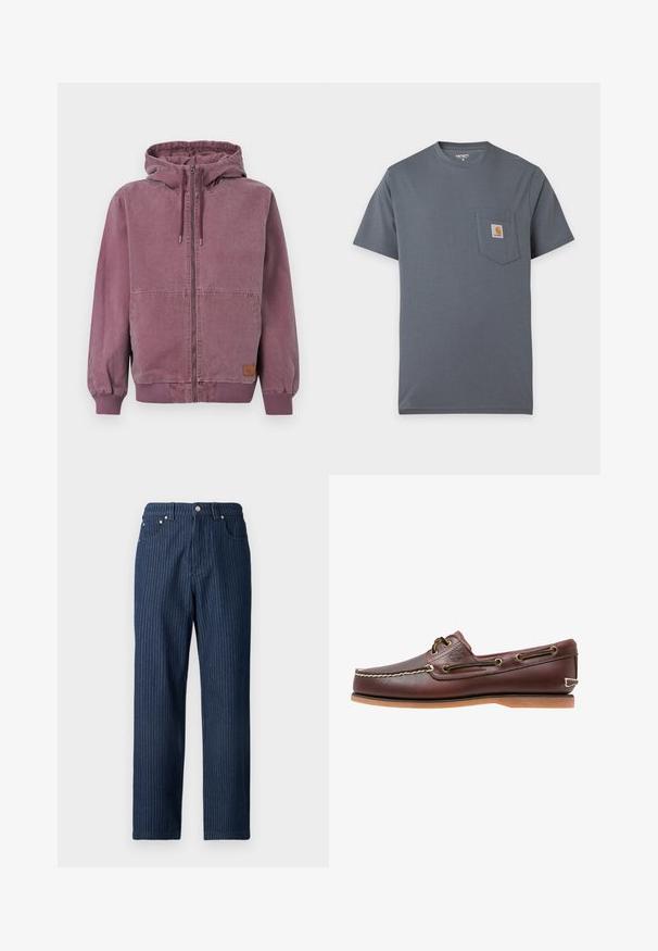Sweat à capuche zippé unisexe violet poussiéreux avec cordon de serrage, poches avant, poignets et ceinture côtelés, présenté sur un fond uni.; T-shirt gris à manches courtes avec une poche avant comportant un petit patch carré du logo Carhartt sur la poitrine.; Pantalon en denim bleu foncé avec fines rayures blanches verticales, coupe droite, cinq poches et garnitures métalliques à la taille.; Chaussure bateau en cuir marron avec coutures blanches, détails de lacets et semelle en caoutchouc beige, vue de côté sur fond blanc.