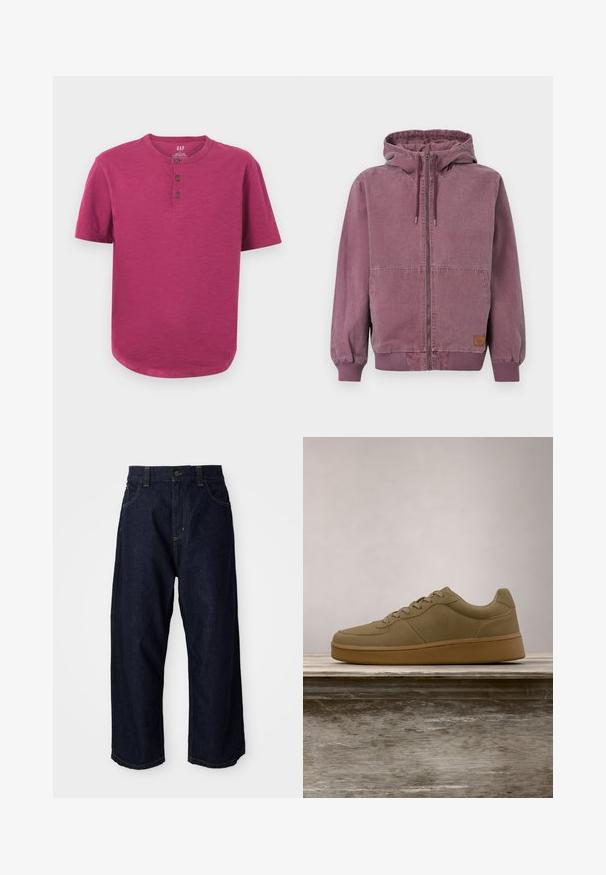Unisex tuhmi violetne lukuga kapuutsiga jope, millel on nööriga kapuuts, esitaskud, soonikkoes mansetid ja vöökoht, esitatud lihtsal taustal.; Lühikeste varrukatega henley särg magenta värvitoonis. Omab ümarat kaelust, kolme nööbiga pinda ja kergelt kõverat äärt. Pehme tekstuur.; Tumed sinise denimi lõdva lõikega püksid, millel on nööbiga tõmblukk, vöökohad ja kollane õmblus taskutel ja õmblustel.; Õliva rohelised tennised paistavad nööridega, hõljuvad puidust pingi kohal, taustal on udused rohelised lehed.