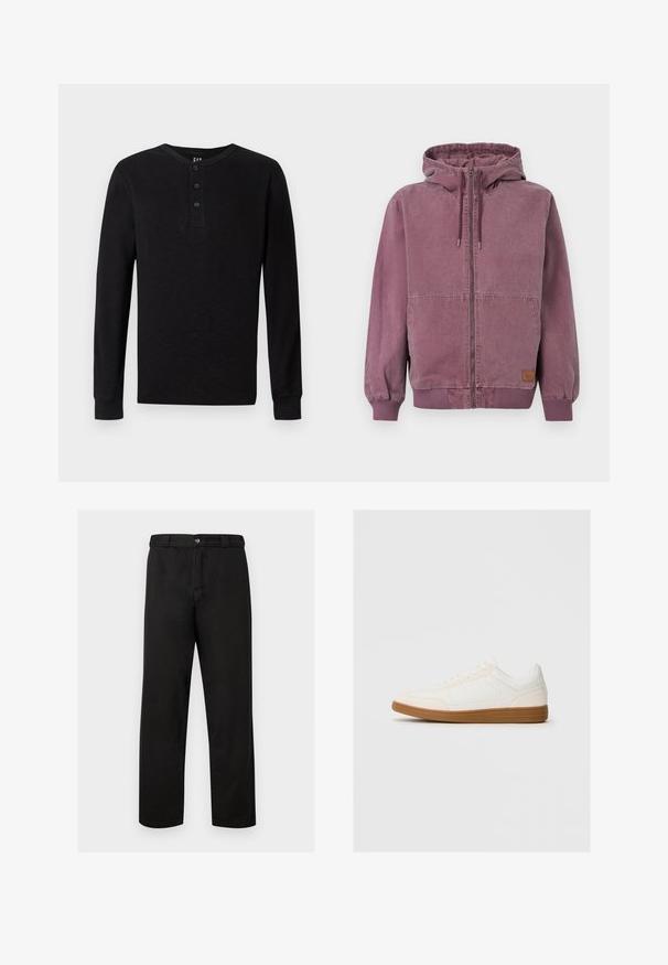 Unisex stofviolette hoodie met ritssluiting, trekkoordkap, voorzakken, geribbelde manchetten en tailleband, weergegeven tegen een effen achtergrond.; Zwarte langelijf henley-shirt met een drieknoopsluiting bij de hals, zachte textuur en geribbelde manchetten, met een klassieke pasvorm en minimalistisch ontwerp.; Zwarte broek met rechte pijpen, knoop- en ritsluiting, riemlussen en zonder zichtbare patronen of versieringen.; Witte sneaker met een suède neus, een glad synthetisch bovenwerk en een tan rubberen zool. Beschikt over perforaties aan de zijkanten voor ventilatie.