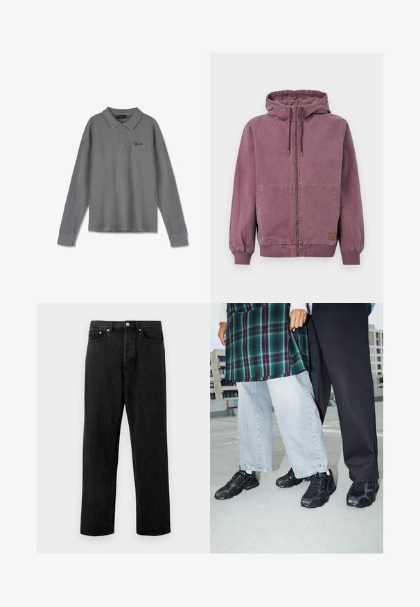 Unisex mikina so zipsom v prachovej fialovej farbe s kapucňou na sťahovanie, prednými vreckami, rebrovanými manžetami a pásikom, zobrazená na jednoduchom pozadí.; Dlhý rukáv polo tričko v pruhovanej šedej látke. Obsahuje golier, pruh s tromi gombíkmi a jemné čierne logo na hrudi.; Čierne džínsy z denimu so striha rovného strihu, obsahujúce päť vreciek, kovové zapínanie a jemné vyblednutie na tkanine.; Čierne športové topánky s sieťovinou a gumovými akcentmi. Nosené s svetlošedými širokými džínsami a kockovaným zeleným topom. Pozadie s plochým povrchom.