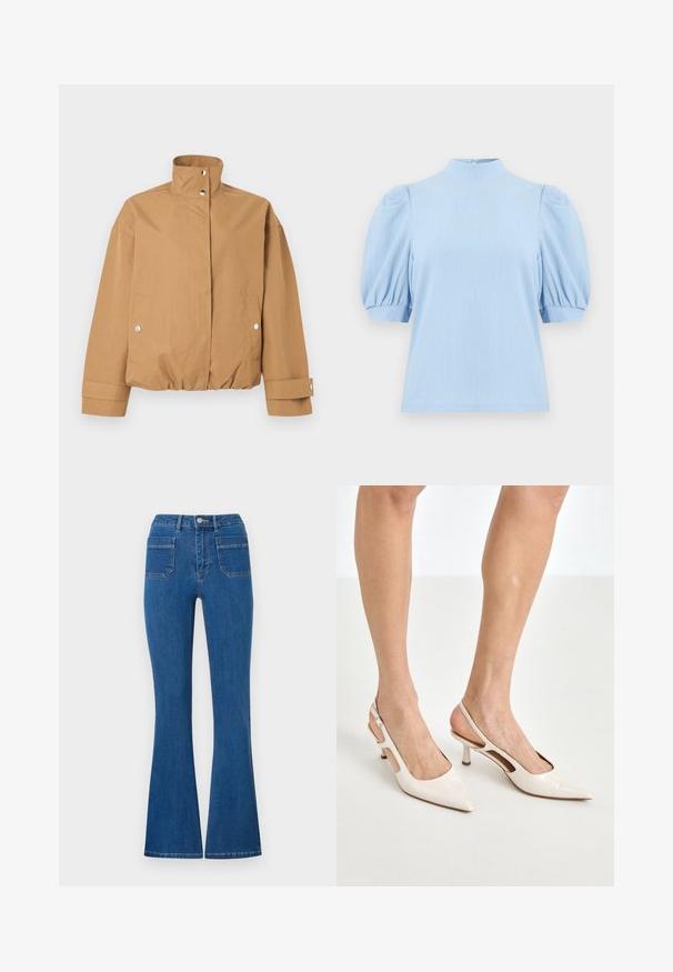 Tan farvet cropped jakke med høj krave, lukning med trykknapper, to forlommer med trykknapper og lange ærmer med manchetter med trykknapper.; Lyseblå kortærmet bluse med tekstur, puffede ærmer, høj halsudskæring og knaplukning bag på kraven.; Bredde jeans i blå farve med høj talje, lavet af denim. Har to baglommer og en metalknaplukning foran. Renset, minimalistisk design.; Beige patenterede læder slingback hæle med spids tå og 5 cm hæl, med udskårne sider og en tynd ankelrem.