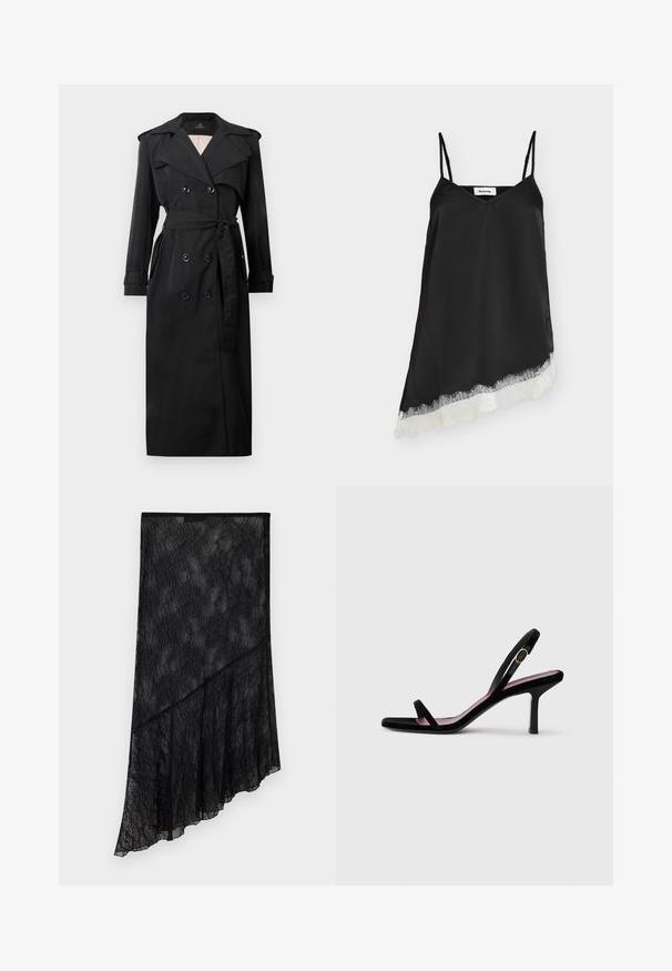 Trench-coat long noir, double boutonnage, avec larges revers, ceinture à la taille, épaulettes et bracelets aux manches.; Robe en satin noire sans manches avec fines bretelles et ourlet asymétrique orné de dentelle blanche.; Jupe asymétrique en dentelle noire transparente avec motif floral et ourlet diagonal superposé, présentée sur un fond clair uni.; Une sandale à talons hauts pour femmes en daim noir avec des lanières fines et une boucle dorée sur fond blanc, vue de côté.