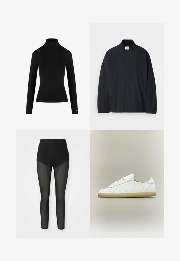 Sort langærmet jakke med ribbet krave, skjult lynlås foran og subtilt mærke på den nederste søm, lagt fladt på en hvid baggrund.; Sort ribbet langærmet turtleneck med en lynlås i kraven og tætsiddende silhuet, lavet af et blødt, strækbart stof. Minimalistisk design.; Sorte højtaljede leggings med semi-gennemsigtige meshpaneler på forlårene og underbenene, sømløst design, tætsiddende silhuet.; Hvid lavtop lædersneaker med beige sål, snøredesign og subtile syede mønstre på neutral baggrund.