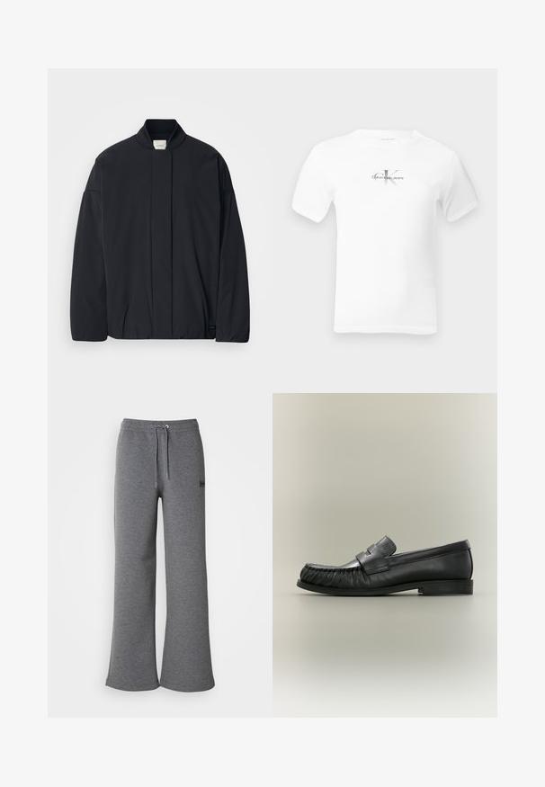 Sort langærmet jakke med ribbet krave, skjult lynlås foran og subtilt mærke på den nederste søm, lagt fladt på en hvid baggrund.; Hvid T-shirt med korte ærmer og rund halsudskæring med et lille centreret "CK Calvin Klein Jeans"-logo i sort og grå på brystet.; Grå sweatpants lavet af blødt stof, med bindebånd i taljen, brede ben og subtil logo-detalje på siden.; Sort læder penny loafer med rynket tådetalje og lav stablet hæl, set fra siden på en neutral baggrund.