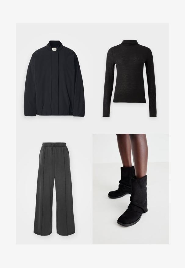 Sort langærmet jakke med ribbet krave, skjult lynlås foran og subtilt mærke på den nederste søm, lagt fladt på en hvid baggrund.; Sort langærmet turtleneck top lavet af et struktureret materiale, med en tætsiddende pasform og minimalistisk design uden synlige mønstre eller metaldele.; Bredde sorte bukser lavet af blødt stof med elastisk talje og snøre. Har kontrasterende syninger langs sidesømmene.; Sorte ruskindsankle støvler med et slouchy design, som har en flad sål og en firkantet tå, vist på mørke ben mod en lys baggrund.