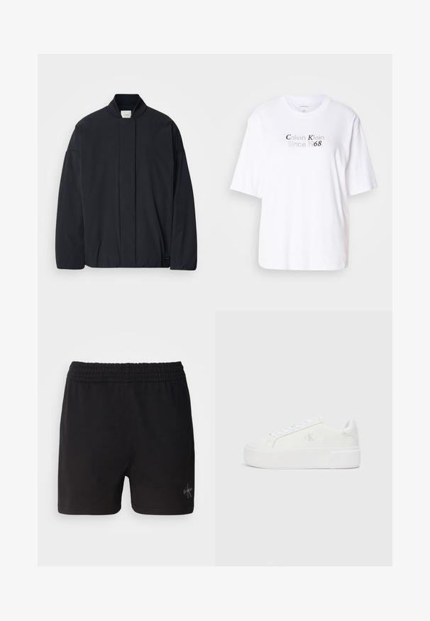 Schwarze Jacke mit langen Ärmeln, geripptem Kragen, verstecktem Frontverschluss und dezentem Markenetikett am unteren Saum, flach auf einem weißen Hintergrund ausgelegt.; Weißes Baumwoll-T-Shirt mit Rundhalsausschnitt und kurzen Ärmeln. Mit grauem Text "Calvin Klein Since 1968", zentriert auf der Vorderseite.; Schwarze Baumwollshorts mit einem elastischen Bund und Calvin Klein-Logo in Silber in der unteren rechten Ecke. Glatte Textur.; Weiße Plattform-Sneaker mit einem glatten Leder-Obermaterial, abgerundetem Zehenbereich, weißen Schnürsenkeln und dezentem Logo-Detail an der Seite. Flache Gummisohle.