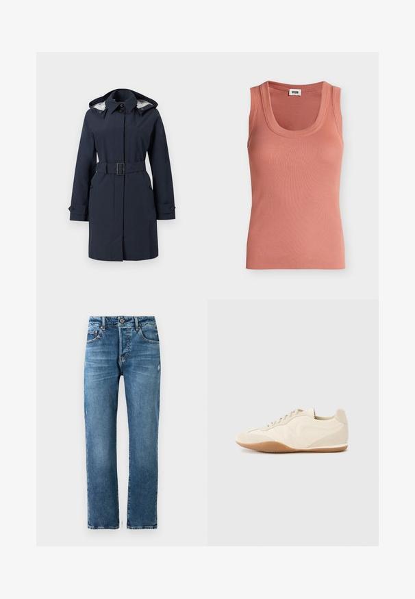 Navyblå regnfrakke med bælte og hætte, foran knaplukning og manchetknapper på hvid baggrund.; Ærmeløs ribstrikket tanktop i støvet pink med rund halsudskæring og et lille hvidt mærke inde i kraven.; Herre blå denim jeans med lige pasform, fem lommer og knaplukning. Har let falmning og syet detaljer.; Lyse beige sneakers med en tekstureret læderoverdel, teksturerede sider og en gummisål. Har et slankt, strømlinet design og flade snørebånd.