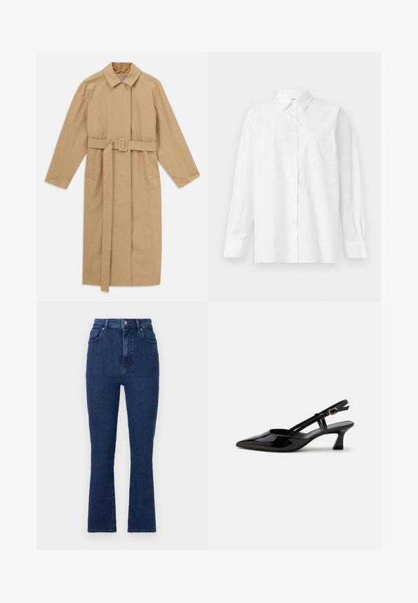 Beige lang trenchcoat med bred krave, lange ærmer, bælte med spænde i taljen og sidelommer, liggende fladt på hvid baggrund.; Hvid langærmet skjorte lavet af bomuld, med klassisk krave, knaplukning og en enkelt brystlomme på venstre side.; Mørkeblå højtaljede jeans i denimstof med lige ben, der har forlommer og metallukning.; Sort laklæderslingback med lille hæl, spids tå og justerbar guldlåsrem på hvid baggrund.