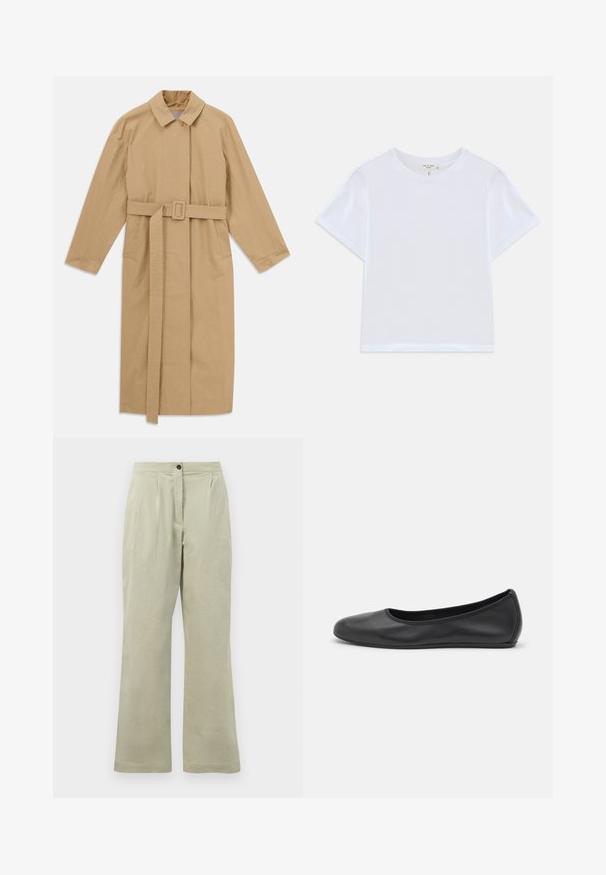 Manteau trench beige long avec large col, manches longues, ceinture avec boucle à la taille et poches latérales, présenté à plat sur fond blanc.; T-shirt blanc court en coton doux, avec un col rond et des manches courtes, d'ajustement légèrement décontracté. Pas de motifs ni d'accents.; Pantalons larges vert clair en tissu doux, dotés d'une fermeture à bouton à l'avant, de plis et d'un ourlet net.; Ballerines en cuir noir avec un bout rond, texture lisse, détails de couture minimalistes et design de semelle flexible.