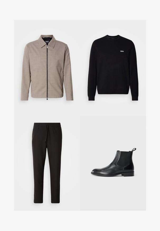 Veste zippée à carreaux marron avec un col pointu, des poches latérales et une texture lisse. Comprend une fermeture éclair métallique et des détails de design subtils.; Pull en laine noir à manches longues avec un petit logo blanc "BOSS" sur la poitrine gauche, des poignets et un ourlet côtelés, présenté sur un fond blanc.; Pantalons de jogging noirs en tissu lisse. Dotés d'une taille élastique avec cordon de serrage, jambes fuselées, et sans poches visibles. Design simple.; Bottine en cuir noir avec des panneaux latéraux élastiques, bout rond et tirette. Texture lisse, semelle plate, design minimaliste.