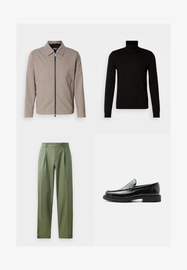 Brunternede tæppet zip-jakke med spids krave, sidelommer og en glat tekstur. Har en metal lynlås og subtile design detaljer.; Sort turtleneck sweater lavet af et fint strikket stof, der har lange ærmer og en tætsiddende silhuet. Glat tekstur med ribbede manchetter.; Skræddersyede bukser i olivengrøn stof med en glat tekstur, der har to frontfald, bæltestropper og et lige ben-design.; Sort læderloafer med chunky gummisål, syet overdel og præget mærkenavn på hælen, vist i sideprofil på hvid baggrund.