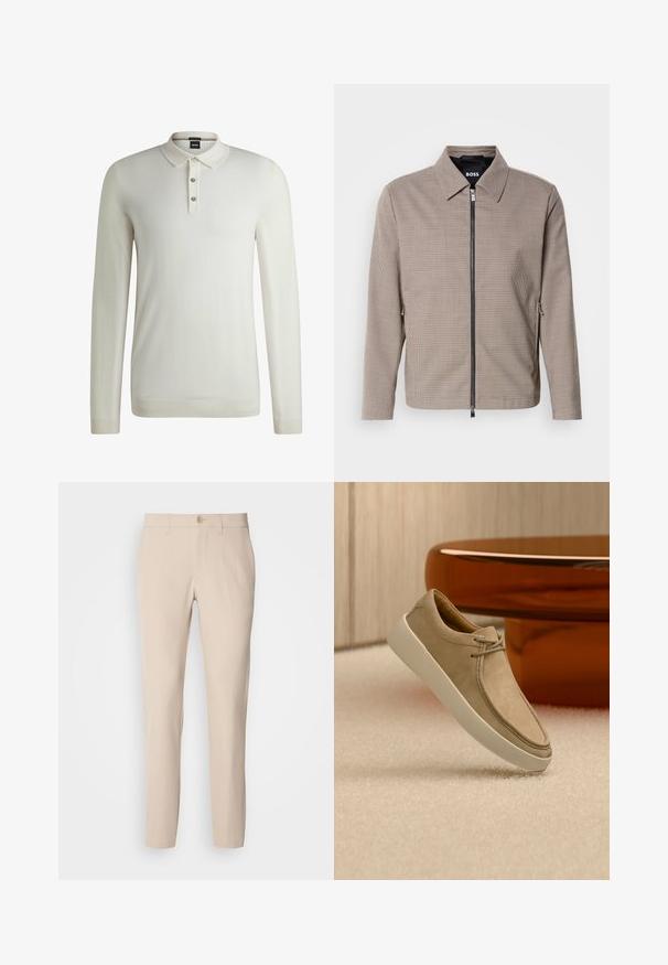 Chaqueta de cierre con cremallera a rayas marrones, con un collar puntiagudo, bolsillos laterales y una textura suave. Presenta una cremallera metálica y detalles de diseño sutiles.; BOSS LANCIONE - Jersey de punto - open white eleven; Pantalones beige hechos de una tela suave, con cierre de botón, corte recto y bolsillos laterales. Textura suave con detalles de costura mínimos.; Zapatilla deportiva de ante beige con suela blanca gruesa y cordones, situada sobre una alfombra beige texturizada con una mesa redonda marrón brillante al fondo.