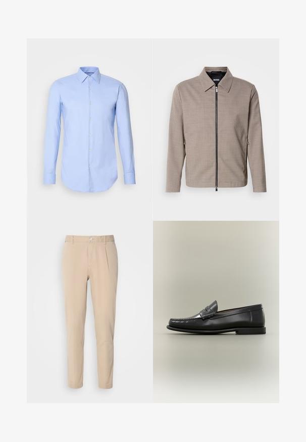 Veste zippée à carreaux marron avec un col pointu, des poches latérales et une texture lisse. Comprend une fermeture éclair métallique et des détails de design subtils.; Chemise à manches longues bleu clair en coton, dotée d'un devant à boutons, d'un col et d'un ourlet arrondi. Texture lisse sans motifs.; Pantalon beige à coupe slim, fabriqué en tissu tissé. Équipé d'une fermeture à un bouton, d'un devant plissé et de jambes droites.; Mocassin pour homme en cuir noir avec un design moc-toe, une lanière à monnaie et un talon bas sur un fond neutre.