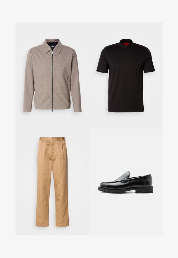 Brunternede tæppet zip-jakke med spids krave, sidelommer og en glat tekstur. Har en metal lynlås og subtile design detaljer.; Sort kortærmet t-shirt med høj hals design. Fremstillet af glat stof. Har et rødt mærke på indersiden af kraven.; Khaki bukser, blanding af bomuld, lige ben-design, frontfald, bæltesløjfer og knaplukning. Glat tekstur uden mønstre.; Sort læderloafer med chunky gummisål, syet overdel og præget mærkenavn på hælen, vist i sideprofil på hvid baggrund.
