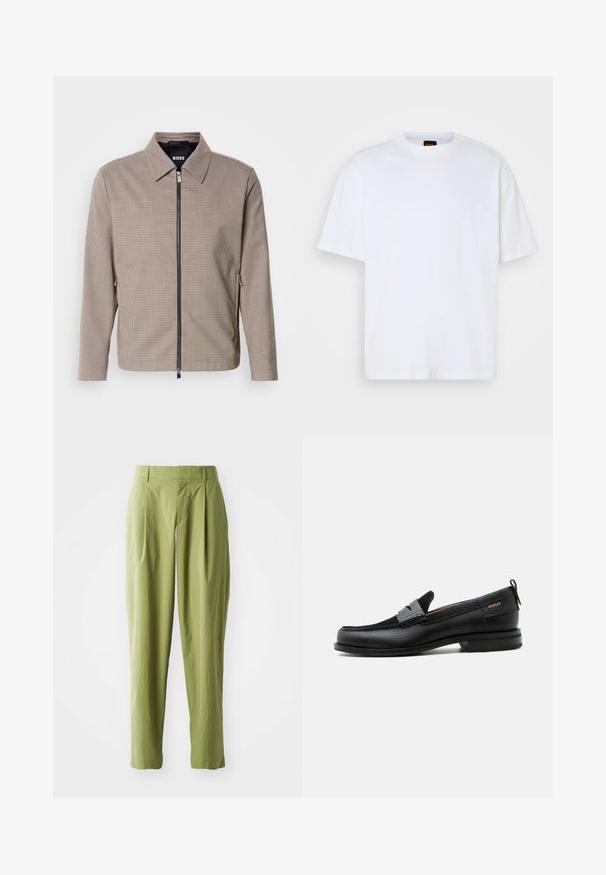 Veste zippée à carreaux marron avec un col pointu, des poches latérales et une texture lisse. Comprend une fermeture éclair métallique et des détails de design subtils.; T-shirt en coton blanc avec un col rond, des manches courtes et une coupe décontractée. Les coutures épaules texturées ajoutent un détail supplémentaire.; Pantalons vert clair en tissu texturé, présentant une coupe droite, des plis à l'avant et une taille standard.; Mocassin en cuir noir avec détail de bride grise, talon bas et semelle texturée, marqué "HUGO" en or sur le côté.