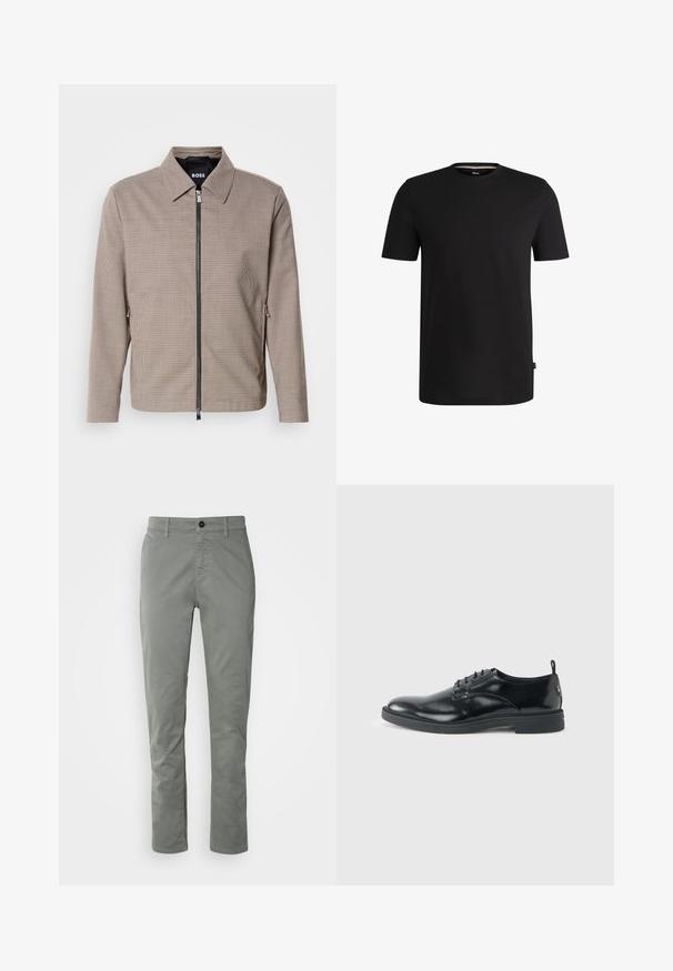 Veste zippée à carreaux marron avec un col pointu, des poches latérales et une texture lisse. Comprend une fermeture éclair métallique et des détails de design subtils.; T-shirt noir à manches courtes en coton lisse avec un col rond. Présente une étiquette de marque discrète sur le côté gauche près de l'ourlet.; BOSS CHINO TAPERED - Chino - open grey; Chaussure habillée en cuir noir brillant avec un petit talon, fermeture à lacets et bout rond, vue de côté sur un fond uni et clair.