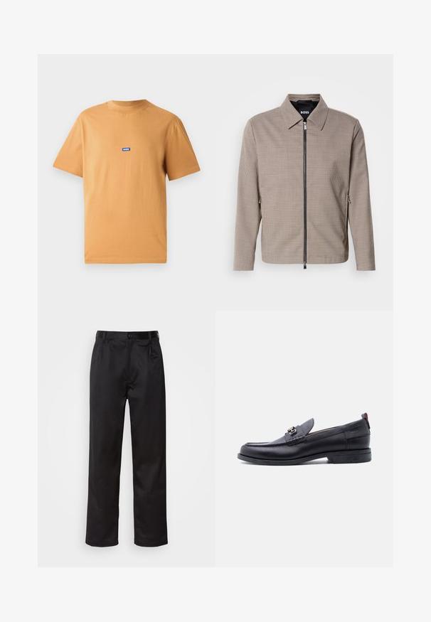 Chaqueta de cierre con cremallera a rayas marrones, con un collar puntiagudo, bolsillos laterales y una textura suave. Presenta una cremallera metálica y detalles de diseño sutiles.; Camiseta de algodón naranja con cuello redondo y mangas cortas, que presenta un pequeño parche del logotipo azul "HUGO" en el pecho. Textura suave.; Pantalones negros de tela suave, con cierre delantero de botón, pliegues y patas rectas. Sin patrones ni acentos visibles.; Mocasín de cuero negro con empeine gris texturizado, detalle de hebilla metálica plateada, tacón bajo y lengüeta para tirar en la parte trasera.