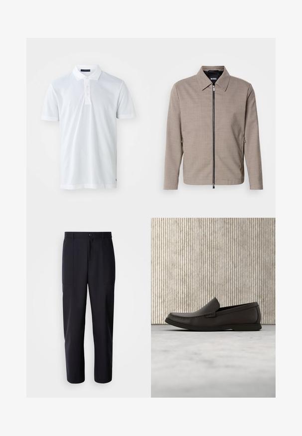 Veste zippée à carreaux marron avec un col pointu, des poches latérales et une texture lisse. Comprend une fermeture éclair métallique et des détails de design subtils.; T-shirt polo blanc avec une texture douce, patte de boutonnage à trois boutons, col plat et manches courtes. Présente des coutures discrètes à l'ourlet.; Pantalons bleu marine foncé en tissu lisse, présentant une coupe droite, deux poches latérales et une fermeture à bouton à la taille.; Mocassins en cuir marron foncé avec un bout arrondi, des détails de couture discrets et une semelle en caoutchouc basse. Texture lisse avec un ajustement flexible.
