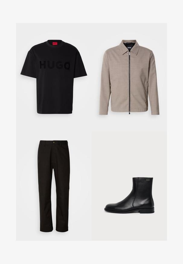 Braun karierter Reißverschlussjacke mit spitzem Kragen, seitlichen Taschen und glatter Textur. Mit einem metallischen Reißverschluss und dezenten Designdetails.; Schwarzes Baumwoll-T-Shirt mit kurzärmeligen, Rundhalsausschnitt, das ein großes, glänzendes schwarzes "HUGO"-Logo auf der Vorderseite trägt. Glatte Textur.; Schwarze Baumwollhosen mit geradem Schnitt, Gürtelschlaufen, einem Reißverschluss vorne und einem einzelnen Knopfverschluss. Glatte Textur ohne sichtbare Muster.; Schwarzer Leder-Knöchelstiefel mit niedrigem Absatz, seitlicher Naht und kleinem "HUGO" Logo am oberen Schaft vor einfarbigem Hintergrund.