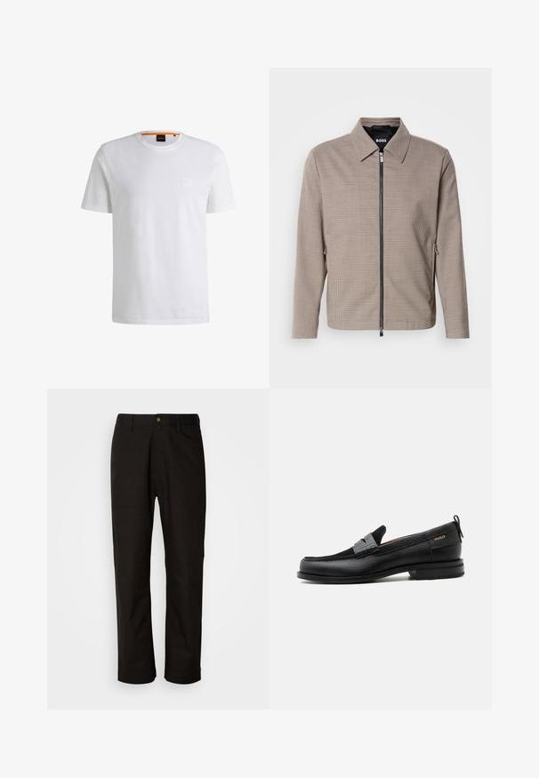 Veste zippée à carreaux marron avec un col pointu, des poches latérales et une texture lisse. Comprend une fermeture éclair métallique et des détails de design subtils.; T-shirt en coton blanc à manches courtes et col rond. Doté d'une discrète écusson logo à l'avant et d'une finition orange au col.; Pantalon en coton noir avec une coupe droite, des passants de ceinture, une fermeture éclair à l'avant et un seul bouton. Texture lisse sans motifs visibles.; Mocassin en cuir noir avec détail de bride grise, talon bas et semelle texturée, marqué "HUGO" en or sur le côté.