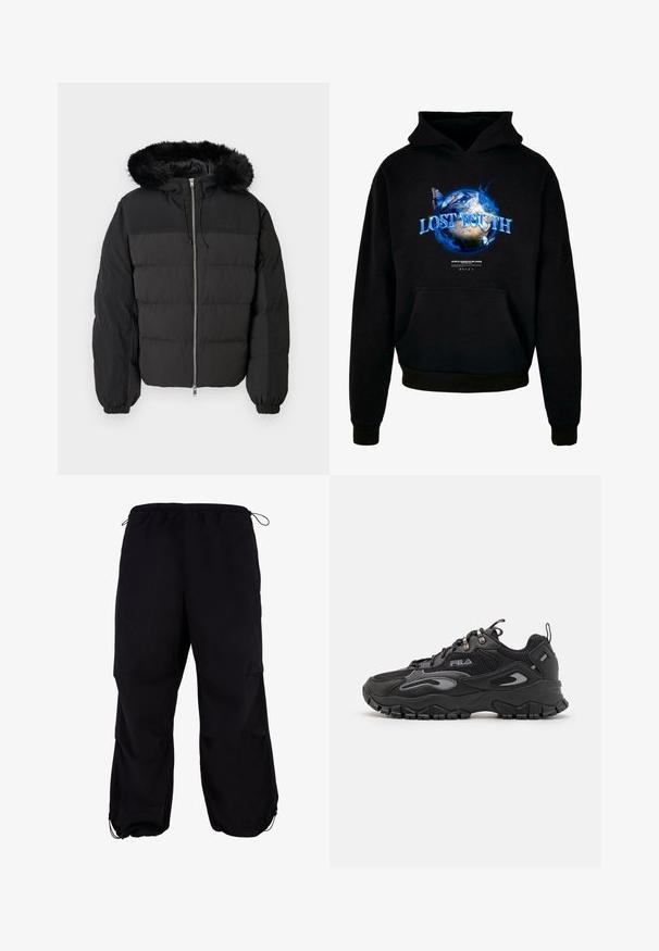 Schwarze Steppjacke mit abnehmbarem, pelzgefüttertem Kapuzen, gestepptem Design, vorderem Reißverschluss und elastischen Bündchen. Glatte matte Oberfläche.; Schwarzer Kapuzenpullover mit einem grafischen Design der Erde, blauen Flammen und Schmetterlingen, auf dem der Text "VERLORENE JUGEND" deutlich zu sehen ist.; Schwarze, locker sitzende Cargo-Hosen mit elastischem Bund und verstellbarem Kordelzug. Mit Reißverschlusstaschen und Bündchen an den Knöcheln.; Schwarze Sneaker mit einem Obermaterial aus Mesh und Synthetik, Gummisohle, abgerundeter Zehenpartie und reflektierenden Akzenten an den Seiten und Schnürsenkeln.