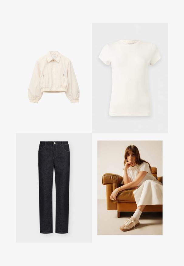 Hellbeige cropped Jacke mit langen, aufgepufften Ärmeln, Kragen, Frontreißverschluss und zwei seitlichen Reißverschlusstaschen.; Schlichtes weißes Baumwoll-T-Shirt mit kurzen Ärmeln und rundem Halsausschnitt, dargestellt auf hellem grauem Hintergrund.; Schwarze Jeans mit geradem Bein, Vordertaschen, Gürtelschlaufen und Knopfverschluss auf einfarbigem Hintergrund.; Frau mit braunen Haaren, die ein weißes Stricktop, einen weißen Rock und beige Sneakers trägt, sitzt auf einem braunen Ledersessel und stützt ihr Kinn auf die Hand.