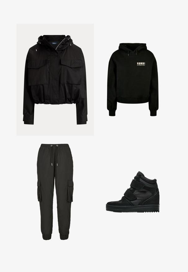 Veste courte noire avec fermeture éclair frontale, capuche à cordon, deux poches à rabat sur la poitrine et ourlet et poignets élastiqués.; Haut à capuche court noir en coton doux. Comprend une capuche avec cordon de serrage et des poignets côtelés. Le design avant inclut le texte : "HAWAI E KOMO MAI."; Pantalons cargo noirs en tissu léger, dotés d'une taille élastique, d'un cordon de serrage ajustable, de poches latérales et de poignets côtelés.; Baskets montantes noires en suede et mesh, avec des bandes Velcro, une finition lisse et une semelle en caoutchouc texturée pour une meilleure adhérence.