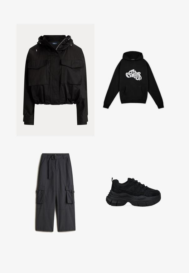 Chaqueta corta negra con cremallera frontal, capucha con cordón, dos bolsillos de solapa en el pecho y dobladillo y puños elásticos.; Pegador PALUMA OVERSIZED HOODIE - Sudadera - black; Pantalones cargo de un gris oscuro, hechos de una tela ligera, que cuentan con un cinturón de hebilla redonda, dos bolsillos laterales y dos bolsillos cargo.; Zapatillas deportivas negras con parte superior texturizada, diseño elegante, suela acolchada y cordones elásticos. Destacan por su suela exterior de goma gruesa y estratificada.