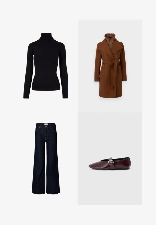 Brun uldsblanding frakke med bælte i taljen, brede revers og høj krave. Har en lynlåslukning foran og et quiltet indre for isolering.; Sort rullekrave sweater lavet af blødt strikkemateriale, med lange ærmer og ribbede detaljer ved halsen og kanten. Tætsiddende design.; Mørkeblå bredbenede denimjeans med frontknap og lynlås, bæltestropper og frontlommer, vist på en hvid baggrund.; Bordeaux læder ballerina sko med spidse tæer, flad sål og en dekorativ spænde-strop over vristen. Glat, blank tekstur.