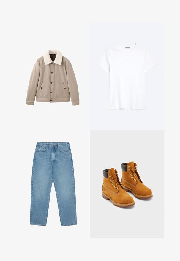 Beige Jacke mit einem strukturierten weißen Pelzkragen, vorderer Knopfverschluss und zwei Seitentaschen, mit glatter Außenseite und tailliertem Schnitt.; Schlichtes weißes T-Shirt mit kurzen Ärmeln und Rundhalsausschnitt mit gut sichtbarem WEEKDAY-Label am Kragen, dargestellt auf hellem Hintergrund.; Hellblaue Jeans aus Denim mit geradem Bein, Fünf-Taschen-Design und leicht verwaschener Textur. Mit Knopf- und Reißverschluss ausgestattet.; Lederarbeitsstiefel in Tan mit schwarzem gepolstertem Kragen, goldenen Ösen und braunen Gummisohlen. Mit kontrastierenden Nähten und einem Logo an der Seite.