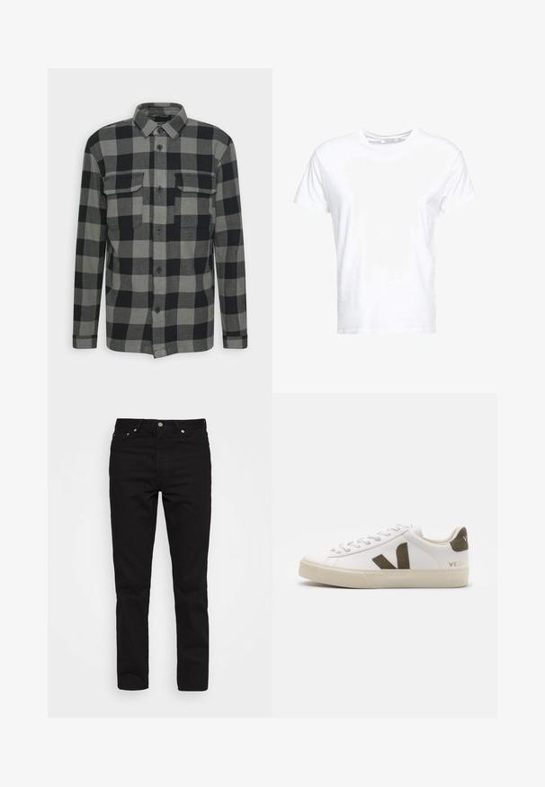 TOM TAILOR DENIM OVERSHIRT - Overgangsjakke - grey/black; Hvid bomulds t-shirt med rund halsudskæring og korte ærmer, i en klassisk pasform og glat tekstur. Ingen mønstre eller hardware synlige.; Sorte denimbukser med lige ben, fem lommer og metalbeslag; glat tekstur og klassisk mørk farve.; Hvide læder sneakers med en lys beige gummisål. Har en brun ruskinds V-logo og hælflap. Snørret lukning med en struktureret overflade.