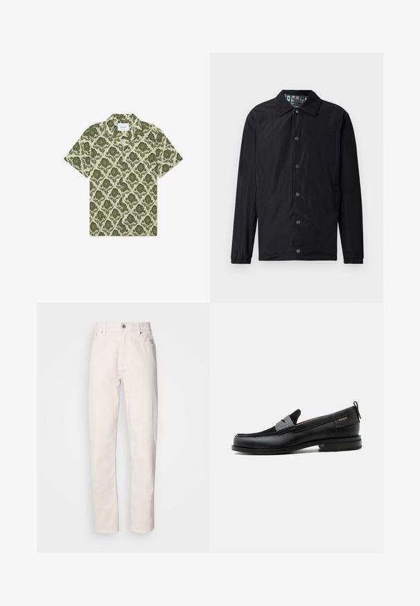 Veste légère noire avec col, boutons-pression à l'avant, poignets élastiques et doublure intérieure à motif. Présente un logo en relief à l'avant.; Chemise à manches courtes avec un motif floral vert sur fond beige clair. Dotée d'un col et d'une étiquette portant la mention "Les Deux."; Jeans en denim blanc à jambe droite, avec fermeture à bouton et à fermeture éclair, passants de ceinture, et poches avant et arrière, présentés sur fond uni.; Mocassin en cuir noir avec détail de bride grise, talon bas et semelle texturée, marqué "HUGO" en or sur le côté.