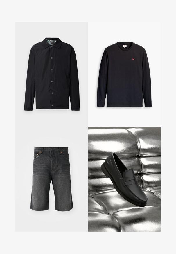 Veste légère noire avec col, boutons-pression à l'avant, poignets élastiques et doublure intérieure à motif. Présente un logo en relief à l'avant.; T-shirt noir à manches longues en coton. Présente un col rond et un petit logo rouge sur la poitrine. Texture lisse, coupe standard.; Shorts en denim gris foncé avec une coupe droite, cinq poches et des coutures orange à l'avant. Finition de l'ourlet propre aux poches.; Mocassins en cuir noir à texture lisse, avec des détails de couture et un design classique, présentés sur un fond métallique et brillant.