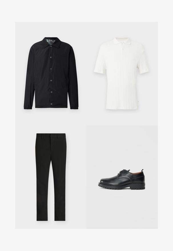 Schwarze leichte Jacke mit Kragen, vorderen Druckknöpfen, elastischen Bündchen und gemustertem Innenfutter. Verfügt über ein geprägtes Logo auf der Vorderseite.; Weißes Kurzarm-Poloshirt mit geripptem Strukturmuster, Kragen und einer einzelnen Knopfleiste oben.; Schwarze Slim-Fit-Hose mit Gürtelschlaufen, Frontreißverschluss und flacher Vorderseite, dargestellt auf hellem grauem Hintergrund.; Schwarze Leder Derby-Schuhe mit glatter Textur, runder Zehenform, Schnürdesign und einer dicken, robusten Gummisohle.