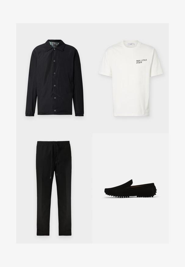 Sort letvægtsjakke med krave, forreste trykknapper, elastiske manchetter og et mønstret inderfor. Har præget logo foran.; Hvid T-shirt med korte ærmer og rund halsudskæring med "Marc O’Polo Denim"-logo trykt i sort på venstre bryst.; Sorte tapered bukser med elastisk talje og snor. Glat stof, minimalistisk design, ingen synlige lommer eller mønstre.; Sorte ruskinds loafers med en let hævet, tekstureret sål og syning langs kanterne, der har et klassisk slip-on design.