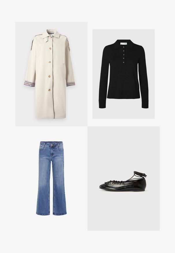 Beige trenchcoat med knaplukning, to sidelommer og manchetter med ternet mønster. Fremstillet af glat stof med en struktureret, knælængde design.; Sort langærmet polo-shirt lavet af blødt stof med krave og seks knaplukninger. Kanter er pænt afsluttet.; My Essential Wardrobe MWLOUIS HIGH WIDE - Jeans Straight Leg - medium blue wash; Sorte balletflade sko i laklæder med rundet tå, snørelukning og flad sål. Glat tekstur med få detaljer.