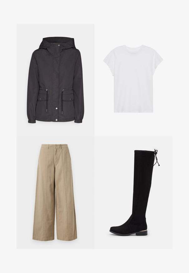Veste à capuche noire avec des poignets élastiques, fermeture éclair à l'avant et deux poches latérales. Équipée de cordons de serrage à la taille pour un ajustement personnalisé. Tissu lisse.; T-shirt blanc à manches courtes, col rond, coupe décontractée, en tissu de coton doux. Texture lisse, sans motifs ni logos.; Pantalons larges beiges en coton robuste, avec une fermeture à bouton, des passants de ceinture et des plis avant nets sans poches visibles.; Bottes noires au-dessus du genou, fabriquées en matériau doux semblable à du suède, avec un talon plat, un accent à la cheville et un fin lien en haut pour l'ajustement.
