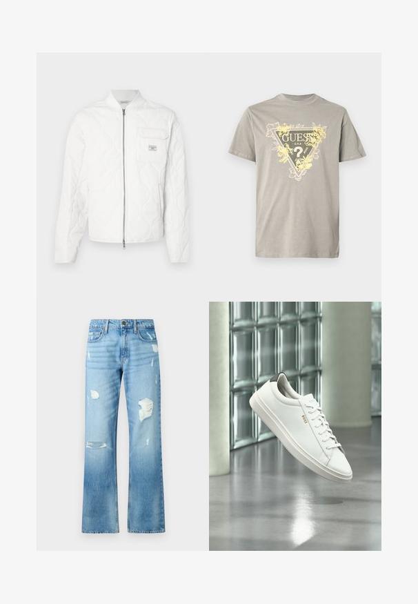 Chaqueta blanca acolchada con cierre de cremallera delantero, cuello acanalado y un bolsillo en el pecho con un parche con el logotipo. Textura suave y diseño minimalista.; Camiseta de algodón gris con un gráfico triangular que incluye la palabra "GUESS" y detalles florales en amarillo. Cuello redondo, mangas cortas y corte estándar.; Vaqueros de mezclilla azul claro con un diseño de pierna recta, que presentan detalles desgastados y un acabado desvaído. Incluyen un botón de metal y cinco bolsillos.; Zapatilla deportiva de piel blanca de corte bajo con cordones, lengüeta negra en el talón y logo "BOSS", flotando en interiores cerca de una pared de bloques de vidrio y suelo pulido.