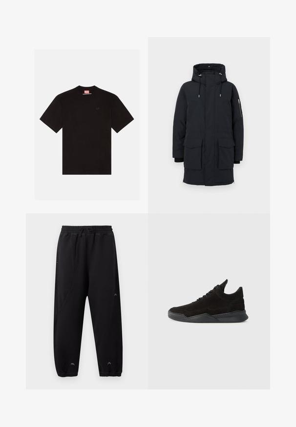 Parka acolchada negra con capucha, que cuenta con dos grandes bolsillos frontales, un bolsillo con cremallera en la manga y puños negros en contraste.; Camiseta de algodón negra con mangas cortas, cuello redondo y un pequeño logotipo en relieve en el pecho. Etiqueta de marca roja en el cuello.; Pantalones jogger negros con cintura y puños elásticos, ajuste slim, detalles de costuras sutiles y pequeño logo blanco cerca de los tobillos y el muslo.; Zapatilla de ante negro con un perfil bajo, parte superior texturizada, cordones planos y una suela de goma sólida que presenta un ligero tacón y un diseño curvado.
