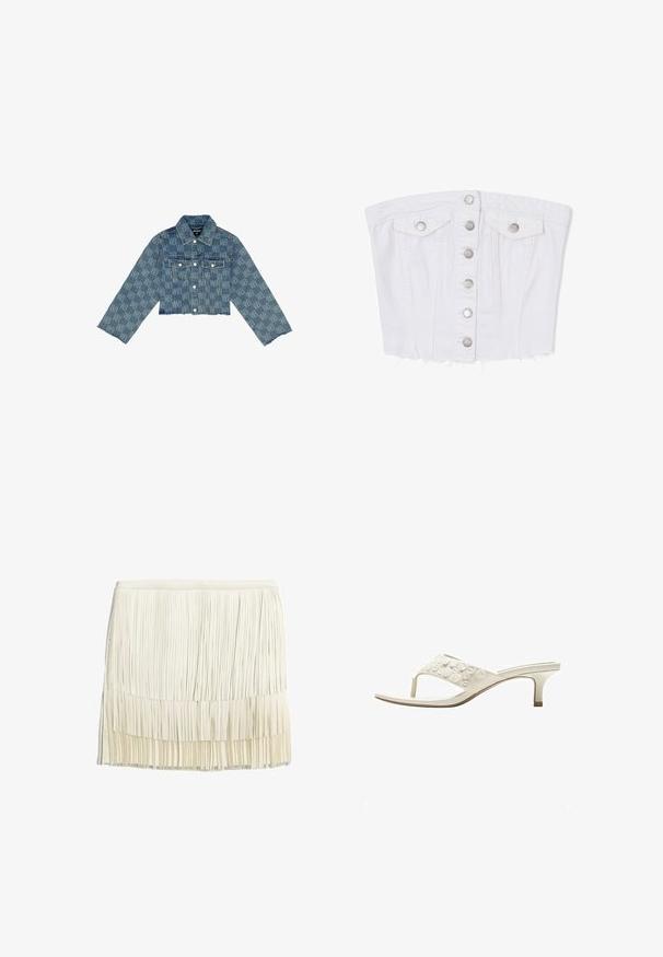 Beskåret denimjakke i lyseblå med et ensartet logo-mønster, knaplukning foran, to brystlommer og flagrende kant.; Dr.Denim CARLI TUBE - Top - white; Fritskørt i creme, fremstillet af lagdelte stofstrimler. Har et tætsiddende taljebånd og et struktureret, lagdelt design med lodrette frynser.; Hvid åben tå sandal med hæl og thongsrem prydet med runde pynt samt en slank mellemhøj hæl.