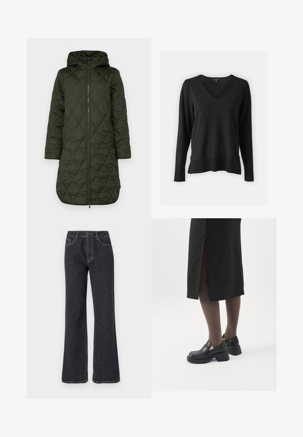 Padded hooded coat in dark green, featuring a diamond quilted pattern, long sleeves, and a front zipper closure. полноформатné obrázok.; Čierny sveter s dlhým rukávom a výstrihom do V, s rebrovanými manžetami a spodným lemom. Vyrobený z mäkkého pleteného materiálu s voľným strihom.; Tmavé džíny s rozšíreným spodkom a vysokým pásom, so zlatým prešívaním, piatimi vreckami a zapínaním na gombík. Hladká textúra, rovný strih.; Žena má na sebe čierne mokasíny s hrubým podpätkom, priehľadné čierne pančuchy a čiernu sukňu s rázporkom vzadu na bielom pozadí.