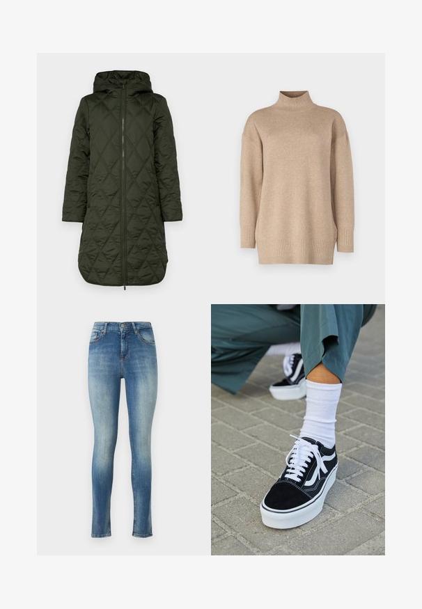 Abrigo acolchado con capucha en verde oscuro, con un patrón de rombos, mangas largas y cierre frontal con cremallera.; Jersey de cuello alto beige con un ajuste relajado, bajo y puños acanalados, textura suave y hombros ligeramente caídos. Fabricado con un material ligero.; Jeans ajustados en denim azul claro. Presentan una cintura de altura media, cinco bolsillos y un ligero desvanecimiento en la parte delantera y trasera para un aspecto desgastado.; Zapatillas de ante negro con acentos y cordones blancos, que cuentan con una gruesa suela blanca y costuras en contraste, combinadas con un calcetín blanco.