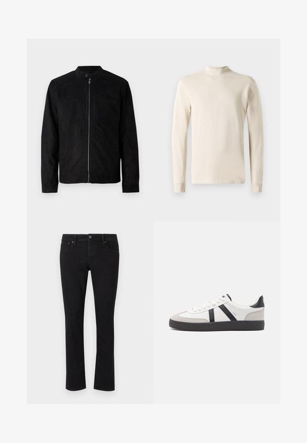 Sort ruskindsjakke med frontlynlås, opretstående krave med trykknap og quiltede detaljer på skulderpaneler.; Langærmet creme turtleneck skjorte lavet af blødt bomuldsstof, med et tætsiddende design og ribbet halsudskæring med lige skårne kanter.; Sorte denimjeans med lige snit, fem-lomme design, metalknaplukning og minimal syning. Glat tekstur hele vejen igennem.; Hvide sneakers med sorte og grå detaljer, med en tekstureret grå tåhætte, sort gummisål og flade hvide snørebånd. Rent design, minimalistisk stil.