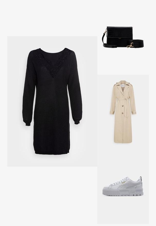 Beige trenchcoat med bælte i taljen, lange ærmer og skulderstropper. Har to knapper foran og en skræddersyet pasform. Glat stoftekstur.; Sort striktrøje kjole med lange ærmer, V-hals og blonderdetaljer ved udskæringen. Ribbet tekstur med sideslids ved kanten.; Hvide platform sneakers med en glat læderoverdel, polstret krave, grå gummisål og gyldne detaljer med Puma-logoet.; Sort faux læder crossbody taske med krokodillestruktur, guldhardware og en aftagelig rem. Har klaplukning og indvendigt rum.