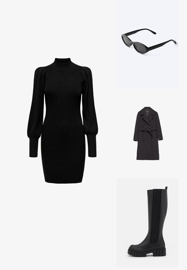 Manteau en laine gris foncé avec un design à double boutonnage, col à revers et ceinture à nouer. Il possède deux poches avant et une texture lisse.; Robe en tricot noire avec un col montant, de longues manches bouffantes et une texture côtelée. Forme ajustée, atteignant le milieu de la cuisse. Aucun motif ni accent visible.; Bottes noires montantes en matériau synthétique lisse avec des panneaux latéraux élastiques, une semelle épaisse et texturée, et un design à bout rond.; Lunettes de soleil ovales noires et élégantes avec des verres foncés et des branches droites, posées sur une surface blanche.