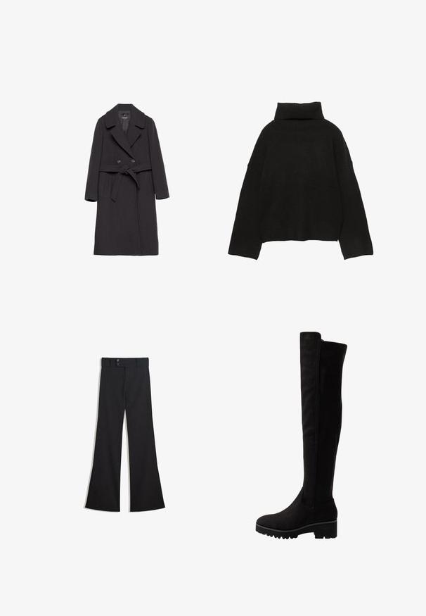 Manteau en laine gris foncé avec un design à double boutonnage, col à revers et ceinture à nouer. Il possède deux poches avant et une texture lisse.; Pull noir en maille avec un col roulé côtelé haut et des épaules tombantes. Présente une coupe décontractée et carrée avec des poignets et un ourlet côtelés.; Pantalon noir taille haute à jambes larges avec une taille à double bouton et une fermeture éclair frontale, présenté à plat sur un fond blanc.; Bottes noires au-dessus du genou en suede doux avec une semelle plate, dotées d'un bout rond et de panneaux élastiques sur les côtés pour un enfilage facile.
