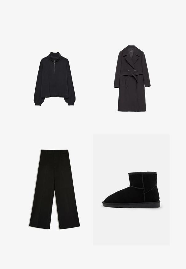 Mørkegrå uldfrakke med dobbeltbrystet design, klippet krave og bælte. Den har to forlommer og en glat tekstur.; Sort højhalset sweater med halv lynlås foran, oversized ærmer og blød tekstur. Har ribbet krave og kant. Minimalistisk design.; Sorte bukser med vidde ben, bæltestropper, knaplukning foran og lynlås, lagt fladt på hvid baggrund.; Sorte ruskind ankelstøvler med en rund tå, placeret på en flad gummisål. Har minimal syning og en blød indvendig foring.