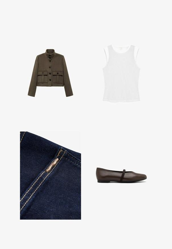 Mango Välikausitakki - khaki; Valkoinen hihaton paita verkkokankaasta, jossa on pyöreä pääntie ja kapea istuvuus. Sileä tekstuuri, minimalistinen tyyli, ilman kuvioita.; Next REGULAR FIT - WIDE LEG - Flared-farkut - rinse blue; Ruskeat nahka ballet-tyyliset kengät pyöreällä kärjellä ja joustavalla hihnalla, joka kulkee jalkapöydän yli. Varustettu matalalla, joustavalla mustalla kumipohjalla.