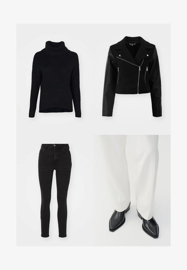 Veste noire courte avec un corps en laine et des manches en cuir. Elle présente un col à revers, des fermetures éclair en argent et deux poches zippées devant.; ONLY ONLKATIA SADDLE ROLL NECK - Pullover - black; Jean skinny en denim noir avec taille haute, doté de cinq poches, d'une fermeture éclair à l'avant et d'un bouton en métal. Texture lisse avec un léger élasticité.; Bottines noires à bout pointu en cuir lisse, avec des talons bas en bloc, associées à un pantalon large blanc. Design simple et moderne.